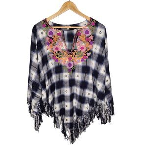 En Creme Plaid Floral Embroidered Boho Poncho Fringed Western Women's Large